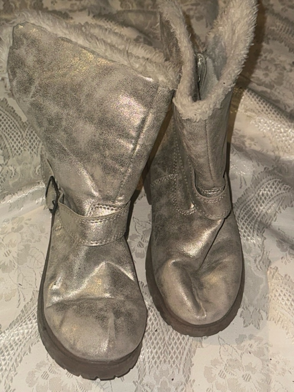 Kids Metallic Silver Faux-Fur Lined Winter Boots